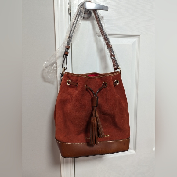 Dooney & Bourke Drawstring Bucket Bag Orange Suede Leather - Picture 6 of 8